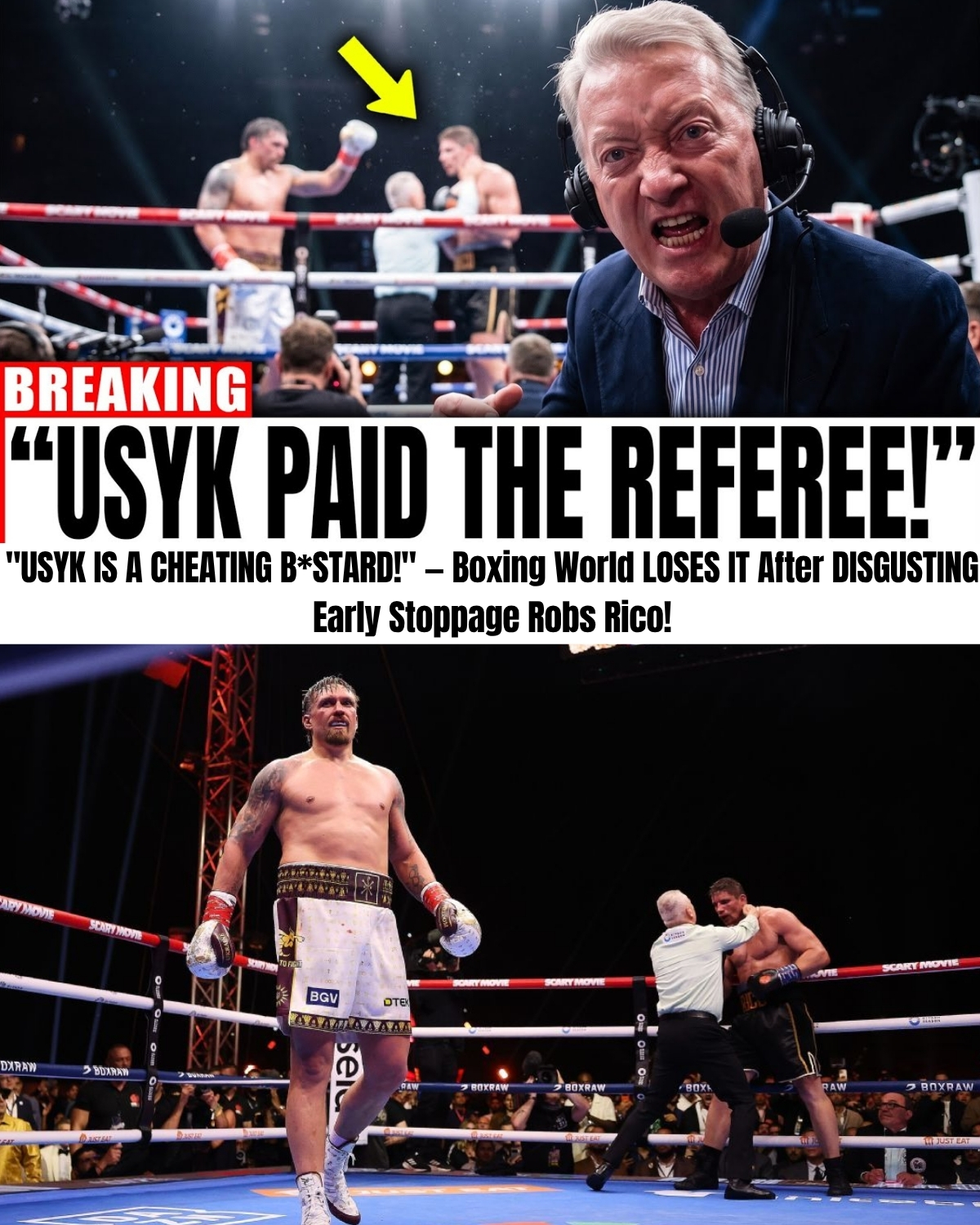 The boxing world has just exploded into absolute chaos! 🥊 The “Fight of the Year” in Egypt just ended in a massive scandal after a rigged referee stoppage robbed Rico of a historic victory over Oleksandr Usyk!