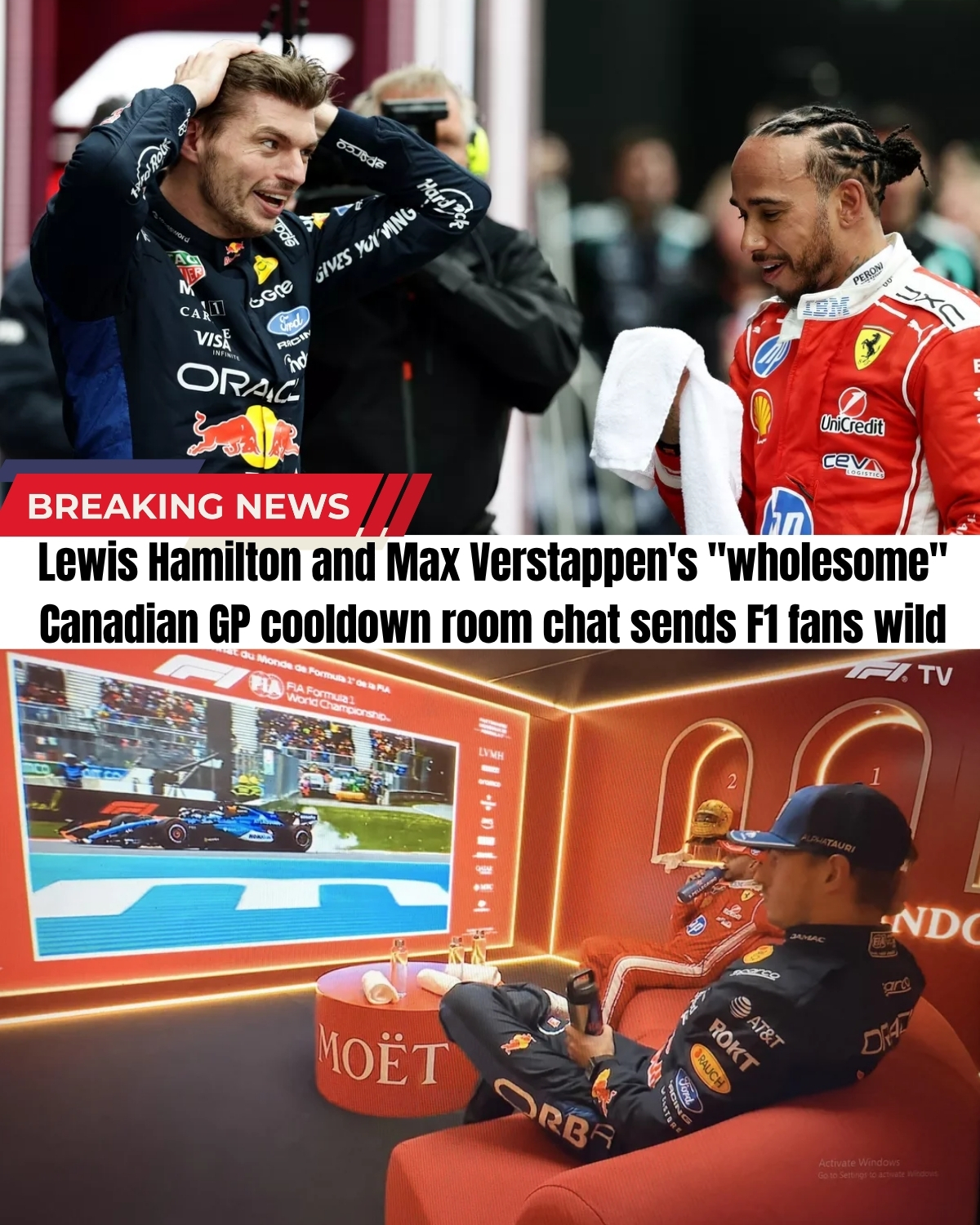 The F1 world is in absolute SHOCK! 🤯 After an intense wheel-to-wheel battle at the Canadian GP, Lewis Hamilton and Max Verstappen had a private exchange in the cooldown room that NO ONE expected!