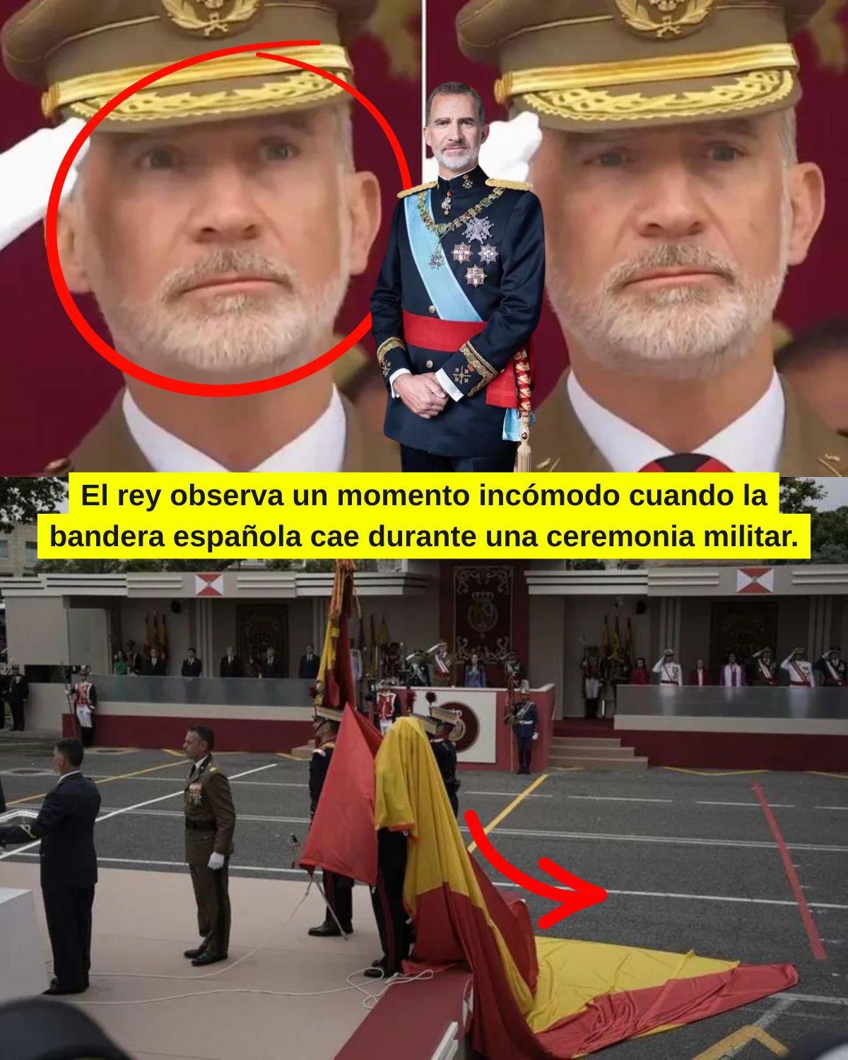 El rey observa un momento incómodo cuando la bandera española cae durante una ceremonia militar.